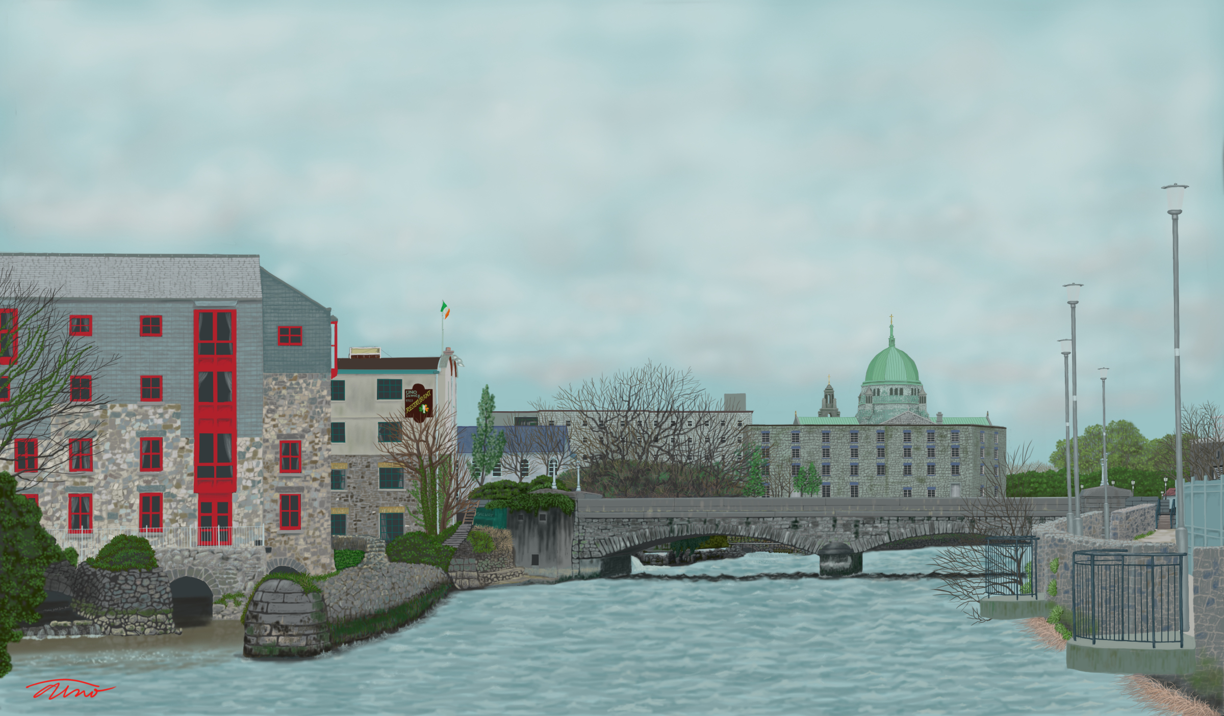 View of Galway Cathedral and River Corrib from Wolfe Tone Bridge, Co. Galway, Ireland